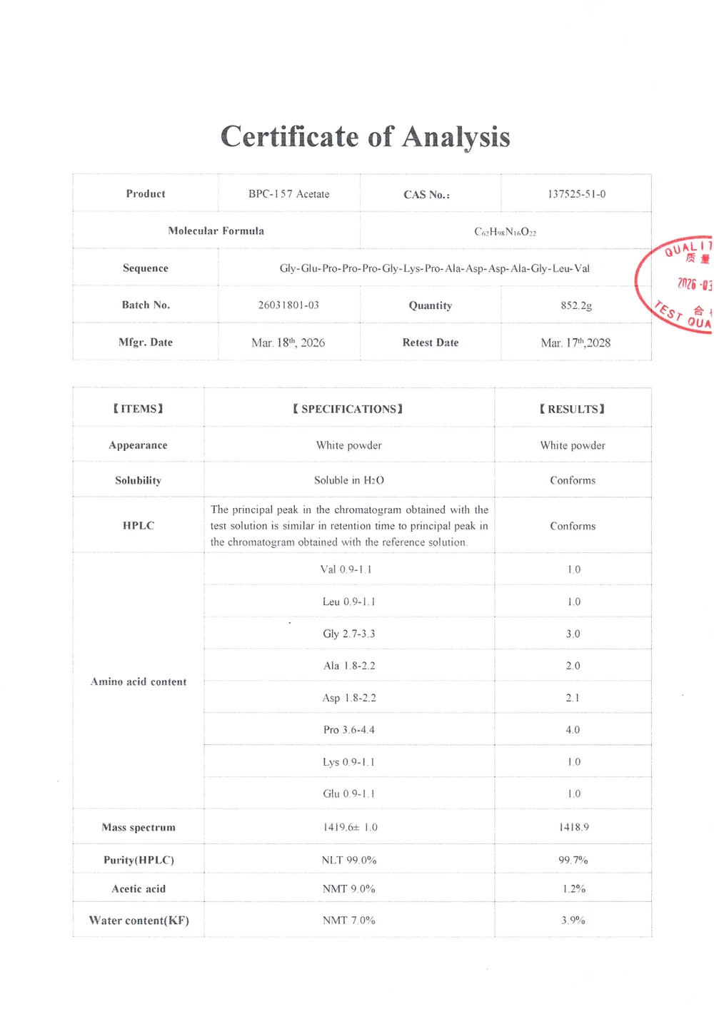 Certificado de análisis de BPC-157 Acetate, página 1