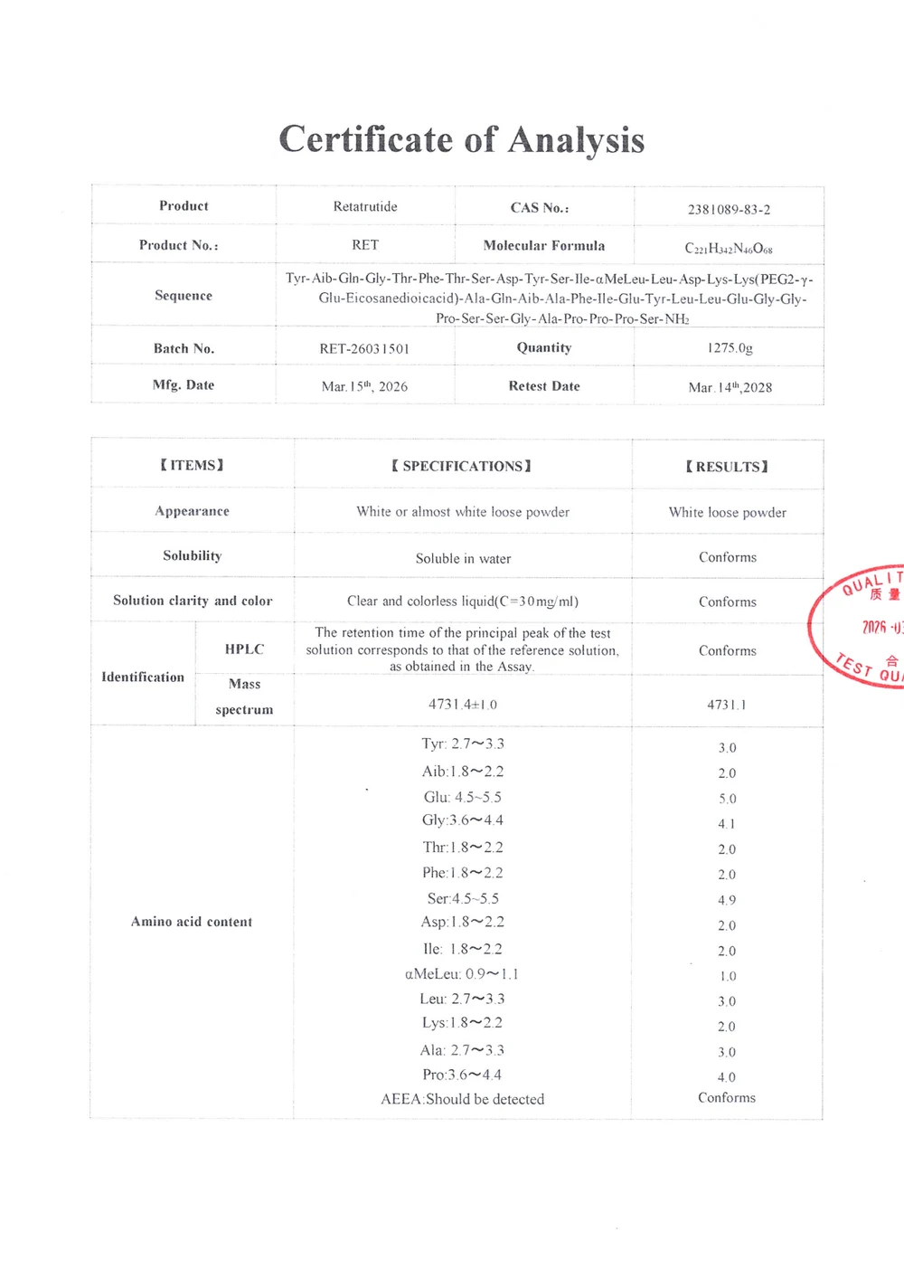 Certificado de análisis de Retatrutide, página 1